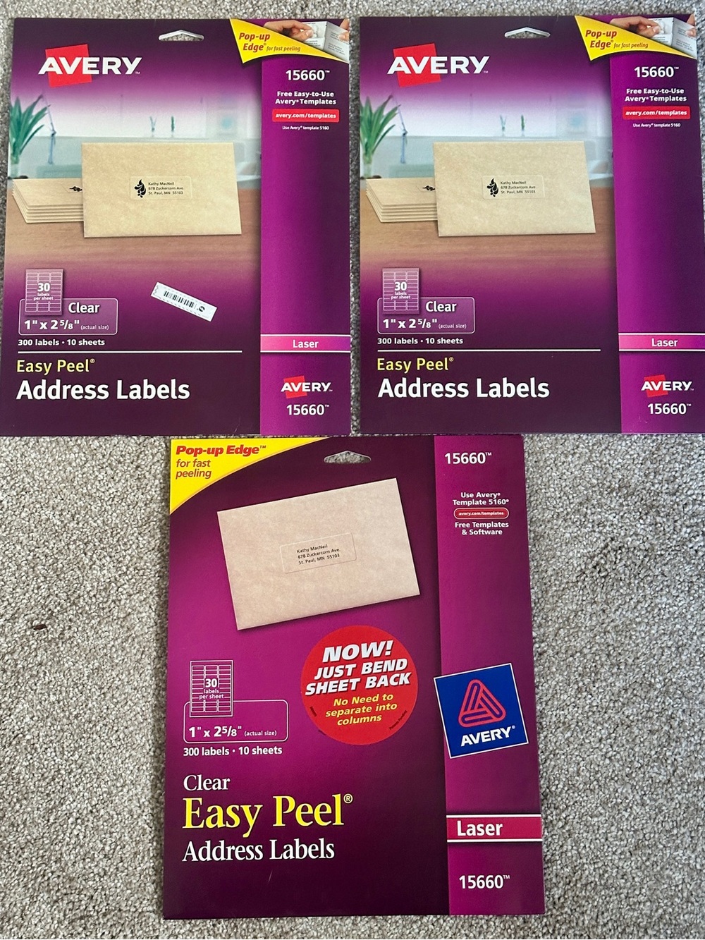 Avery 15660 Clear Easy Peel Laser Address Labels Lot of 3 (2 New/Sealed 1 Open)